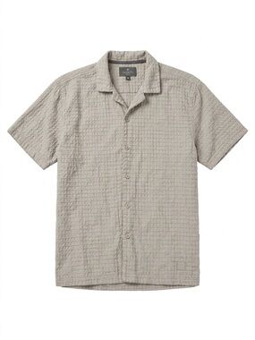 Saints Studio Mens M Waffle Knit Short Sleeve Button Up Shirt Beige Casual Top